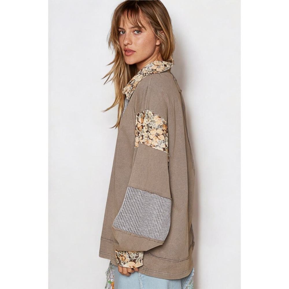 POL Gray Balloon Sleeve Polo Top | Oversized Half Button Floral Contrast Shirt - Picture 4 of 7